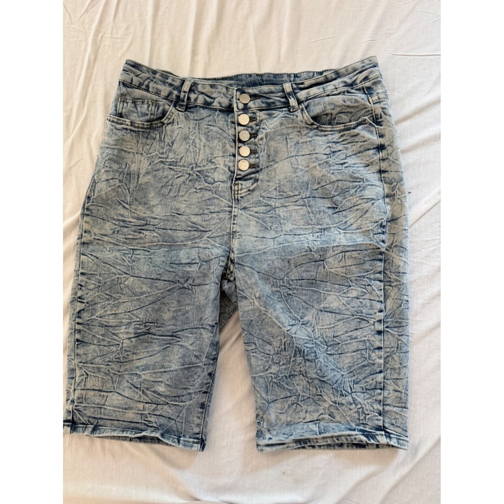 Acid‎ Wash Crinkle Denim Bermuda Shorts Light Blue Button Fly Plus Size 1XL